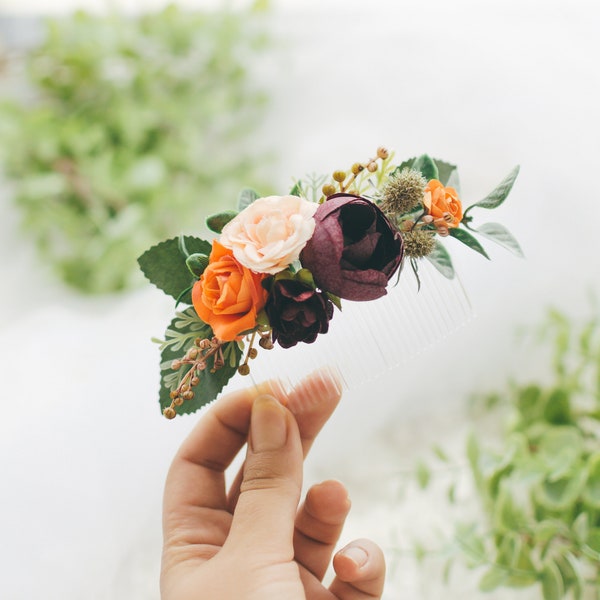 Autumn wedding hair accessories for bride, Plum orange flower hair comb, Greenery wedding bridal accessory, Fall boho wedding