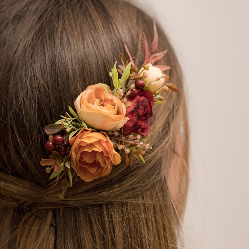 Fall Wedding Hair Comb Burnt Orange Burgundy Flower Comb Etsy