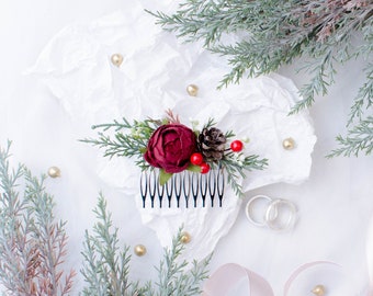 Wedding hair accessories for bride, Flower hair comb, Burgundy wedding bridal accessory, Winter boho wedding, Pine greenery hair piece