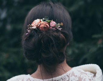 Autumn wedding hair accessories for bride, Burnt orange flower hair comb, Greenery wedding bridal accessory, Boho wedding, Floral hair piece