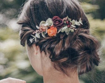Autumn wedding hair accessories, Fall hair piece Burgundy orange hair comb, Eucalyptus greenery wedding bridal accessory, Fall boho wedding