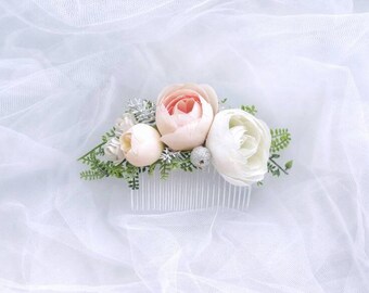 Wedding hair accessories for bride, Blush flower hair comb, Greenery wedding bridal accessory, Boho wedding, Floral greenery hair piece