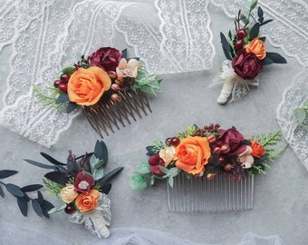 Autumn wedding hair accessories, Fall wedding hair piece, Burgundy orange flower hair comb, Floral greenery wedding bridal accessory