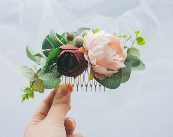 Wedding hair accessories for bride, Flower hair comb, Burgundy blush wedding accessory, Eucalyptus hair comb , Floral greenery hair piece