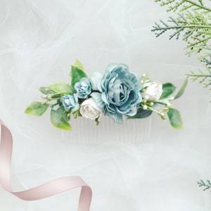 Wedding hair accessories for bride, Dusty blue flower hair comb, Greenery wedding bridal accessory, Boho winter wedding, Greenery hair piece image 6