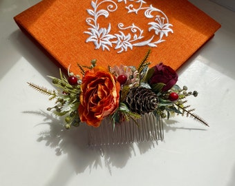 Autumn Wedding hair accessories fall Flower hair comb Greenery hair comb Flower hairpiece Orange Burgundy hairpiece Bridal hairpiece