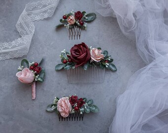 Wedding hair accessories for bride, Flower hair comb, Burgundy blush wedding bridal accessory, Boho wedding, Floral greenery hair piece