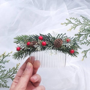 Winter wedding hair accessories Christmas wedding, pine greenery, pine cone, holly,  hair comb, hair piece, hair clip, bridal, cranberry