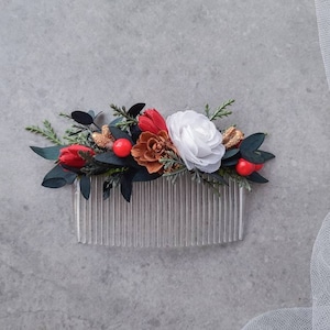 Winter wedding hair accessories Christmas wedding, pine greenery, pine cone, holly,  hair comb, hair piece, hair clip, bridal, cranberry