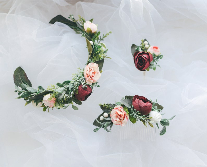 Flower vine Flower hair piece Boutonierre Bridal comb Wedding hair accessories set Burgundy blush Flower hair comb Greenery hair comb