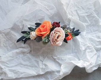 Autumn wedding hair accessories for bride, Blush orange flower hair comb, Greenery wedding bridal accessory, Fall boho wedding