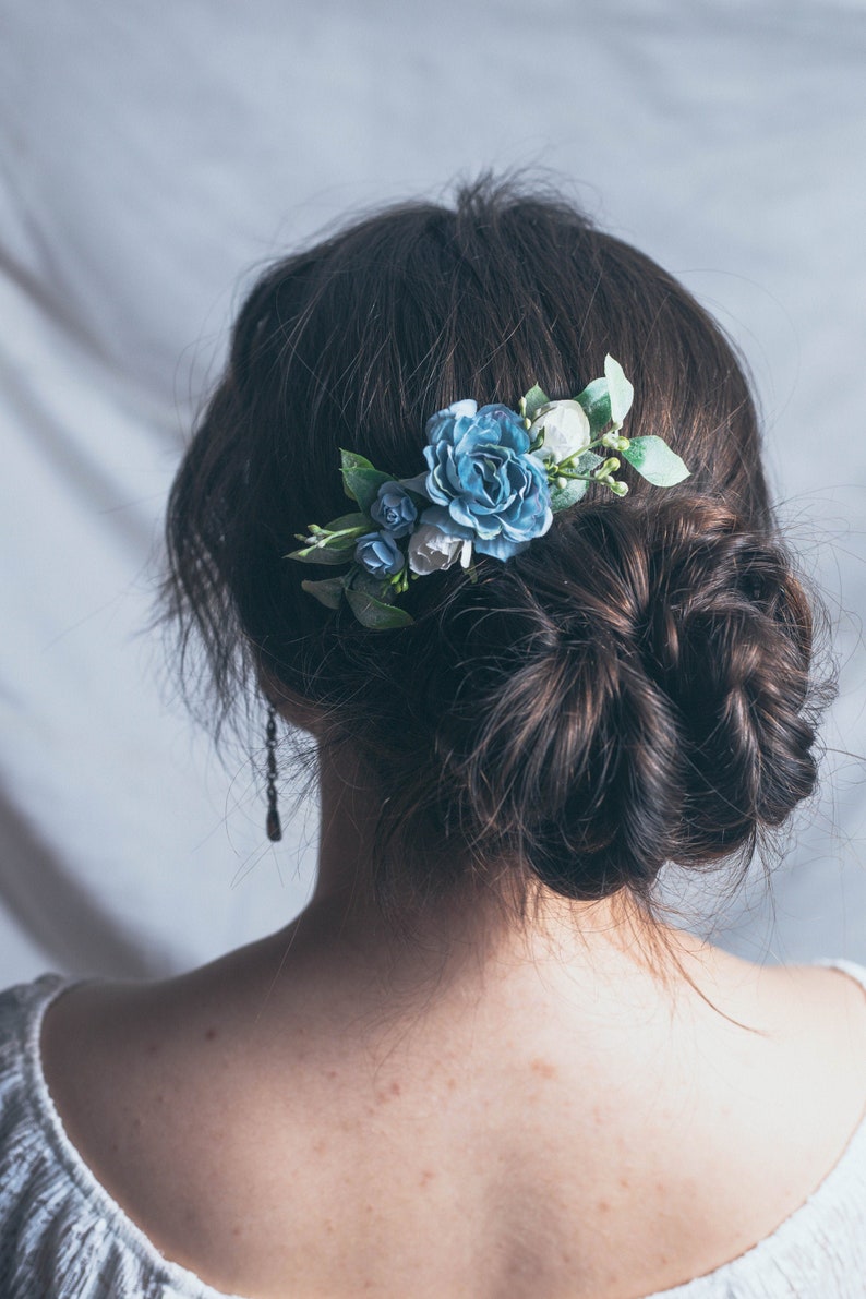 Wedding hair accessories for bride, Dusty blue flower hair comb, Greenery wedding bridal accessory, Boho winter wedding, Greenery hair piece image 2