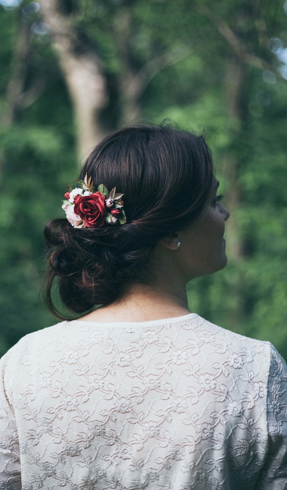 Autumn Wedding Hair Accessories Burgundy Flower Comb Fall Hair Etsy
