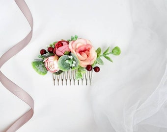 Wedding hair accessories for bride, Blush flower hair comb, Greenery wedding bridal accessory, Boho wedding, Floral greenery hair piece