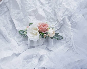 Wedding hair accessories for bride, Flower hair comb, White blush wedding bridal accessory, Boho wedding, Floral greenery hair piece