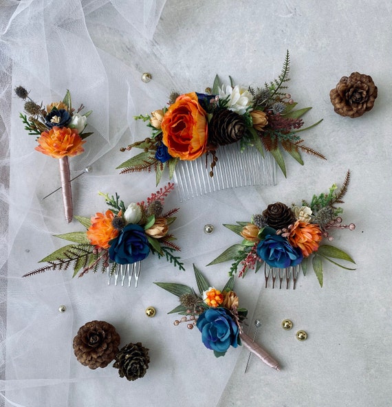 Set autumn Wedding hair accessory Flower hair comb Greenery Etsy