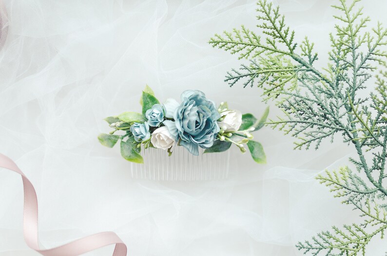 Wedding hair accessories for bride, Dusty blue flower hair comb, Greenery wedding bridal accessory, Boho winter wedding, Greenery hair piece image 5