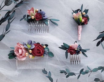 Winter wedding flower hair accessory | Christmas, Flower hair comb, Greenery hair piece, Burgundy blush blue hair piece, Boutonniere |