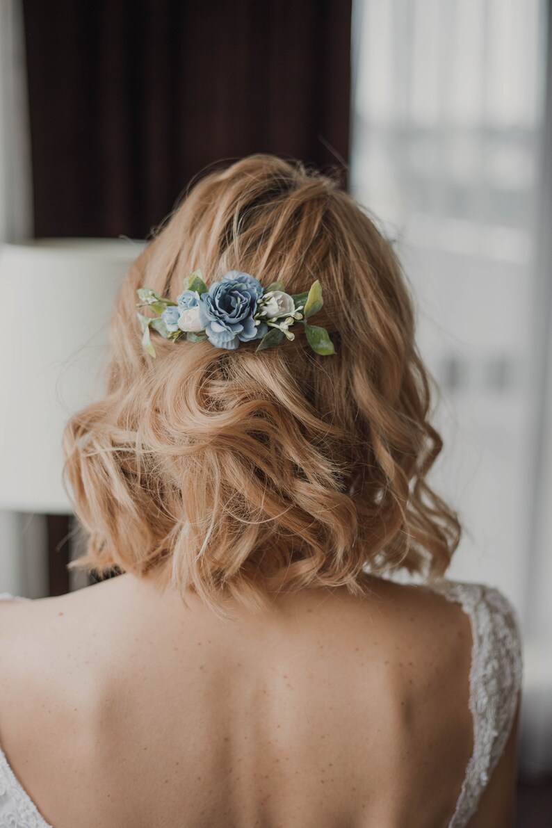 Wedding hair accessories for bride, Dusty blue flower hair comb, Greenery wedding bridal accessory, Boho winter wedding, Greenery hair piece image 9