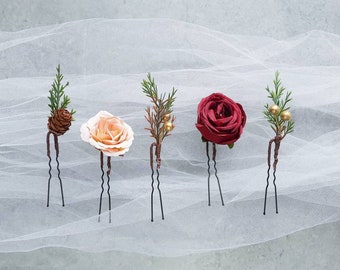 Winter wedding floral hair pins | Flower hair pin, Greenery, Burgundy mauve, Pinecone hair piece, Bridal, Bridesmaid, Christmas wedding |