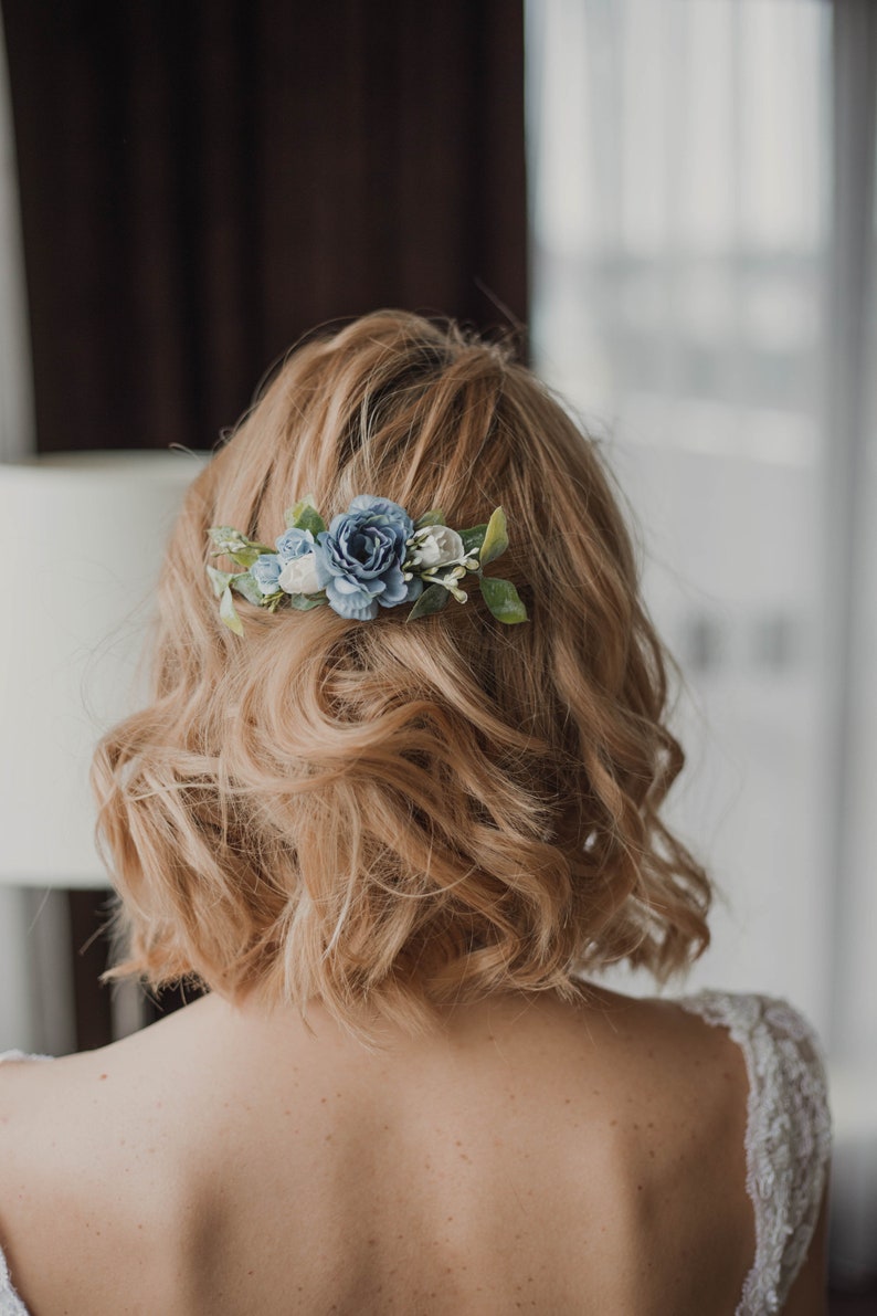 Wedding hair accessories for bride, Dusty blue flower hair comb, Greenery wedding bridal accessory, Boho winter wedding, Greenery hair piece image 1
