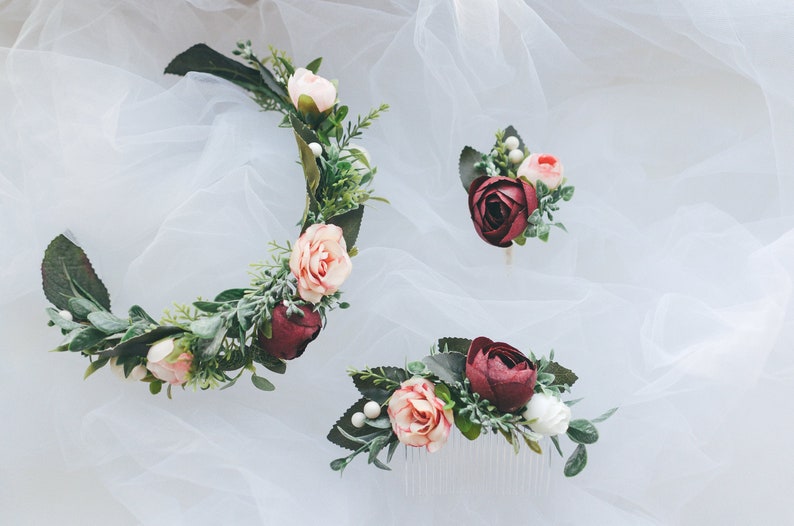 Flower vine Flower hair piece Boutonierre Bridal comb Wedding hair accessories set Burgundy blush Flower hair comb Greenery hair comb
