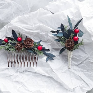 Accessoire de cheveux de mariage d’hiver | Peigne de cheveux de Noël, eucalyptus morceau de cheveux de verdure |