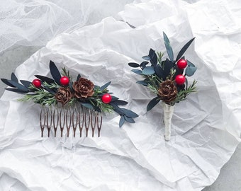 Winter wedding hair accessory | Christmas hair comb, Eucalyptus greenery hair piece |