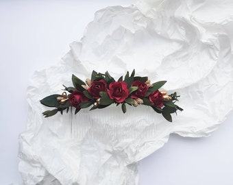 Winter flower hair accessory | Christmas, winter wedding, burgundy, flower, greenery, eucalyptus, hair comb, hair piece, hair clip, bridal |