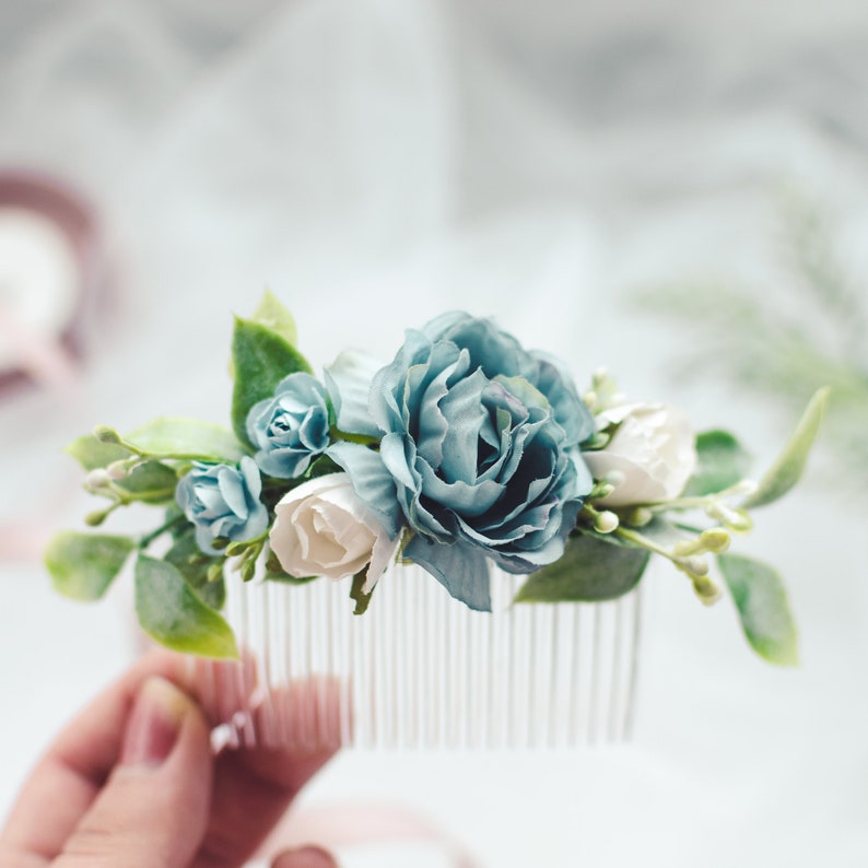 Wedding hair accessories for bride, Dusty blue flower hair comb, Greenery wedding bridal accessory, Boho winter wedding, Greenery hair piece image 7