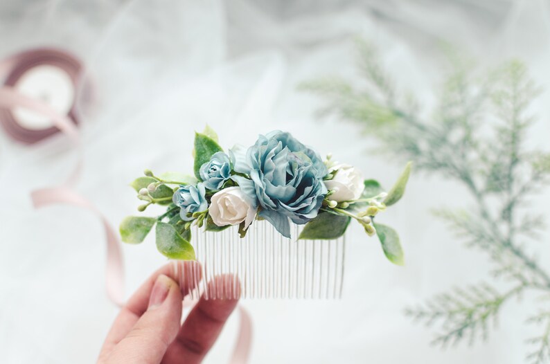 Wedding hair accessories for bride, Dusty blue flower hair comb, Greenery wedding bridal accessory, Boho winter wedding, Greenery hair piece image 4