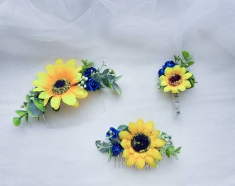 Sunflower wedding hair accessories, Ukrainian hair piece, Yellow blue sunflower hair comb, Ukrainian flag hair comb, Stand with Ukraine