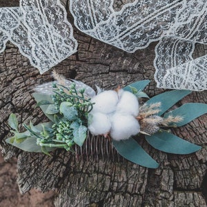 Cotton ball hair comb, Boho wedding hair accessories, Flower hair piece, Greenery hair comb, Eucalyptus hair piece, Bohemian wedding
