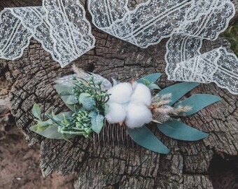 Cotton ball hair comb, Boho wedding hair accessories, Flower hair piece, Greenery hair comb, Eucalyptus hair piece, Bohemian wedding