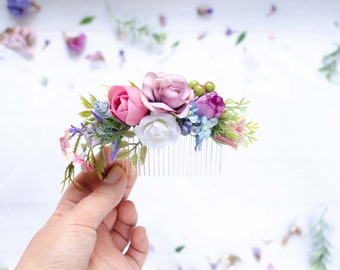 Wedding hair accessories for bride, Purple pink flower hair comb, Greenery wedding bridal accessory, Boho summer wedding, Floral hair piece