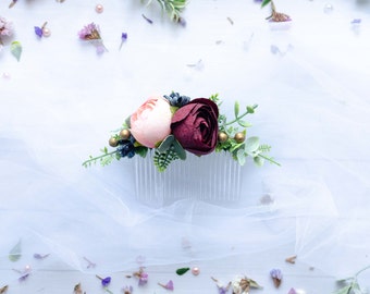 Accessoires de cheveux de mariage pour la mariée, peigne de cheveux de fleur, accessoire nuptial de mariage de Bourgogne, mariage de Boho, morceau floral de cheveux de verdure