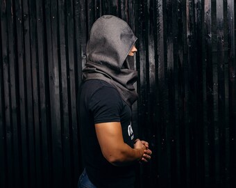 Snood scarf, Assassins creed, Hooded scarf ,  Scarf with hood , Cyberpunk wear , cowl neck hoodie ,  larp clothing,  Grey scarf