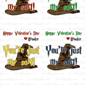 May include: Four printable Valentine's Day cards featuring a cartoon image of the Sorting Hat from the Harry Potter series. The text on the cards reads "You're just my sort!" and "Happy Valentine's Day Brooke".