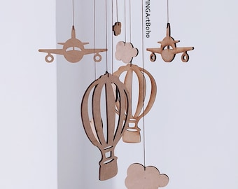 Balloon mobile - Hot Air Balloon Mobile - Wooden Airplane - Wood Mobile - Nursery Decor - Wood Nursery - Baby Shower - Travel theme nursery