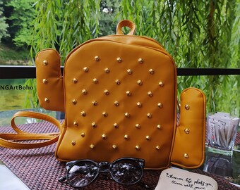 Cactus Backpack - Yellow Bag - Yellow Leather - Backpack Cactus Bag - Cactus Yellow Bag - Mustard Yellow Bag - Handmade bag - Boho Bag