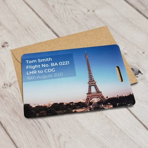 May include: Blue luggage tag featuring a photograph of the Eiffel Tower in Paris, France. The text on the tag reads "Tom Smith, Flight No. BA 0221, LHR to CDG, 16th August 2021".
