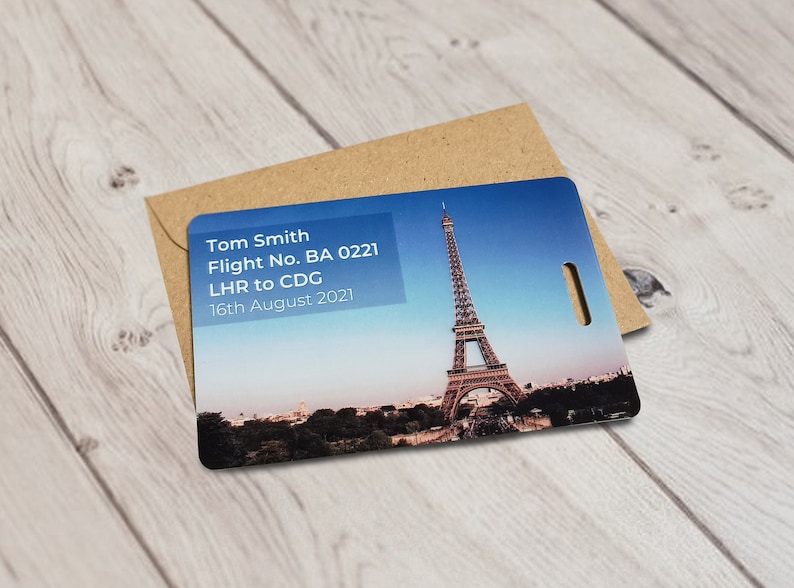 May include: Blue luggage tag featuring a photograph of the Eiffel Tower in Paris, France. The text on the tag reads "Tom Smith, Flight No. BA 0221, LHR to CDG, 16th August 2021".