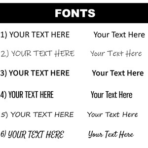 Puede incluir: Un gr&aacute;fico que muestra seis fuentes diferentes con el texto "YOUR TEXT HERE" en cada fuente. Las fuentes est&aacute;n numeradas del 1 al 6.