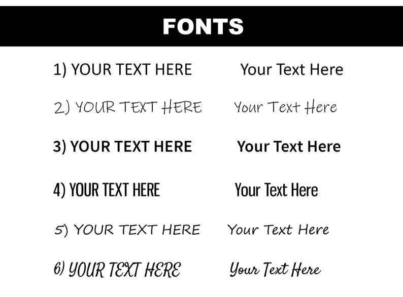 Puede incluir: Un gr&aacute;fico que muestra seis fuentes diferentes con el texto "YOUR TEXT HERE" en cada fuente. Las fuentes est&aacute;n numeradas del 1 al 6.