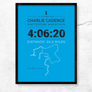 Op de afbeelding: Een blauwe poster met een witte kaart van de route van de Amsterdam Marathon. De poster bevat de tekst "16 oktober 2016", "Charlie Cadence", "Amsterdam Marathon", "4:06:20", "Afstand: 26,2 mijl" en "Gemiddeld tempo: 9:24/mijl".