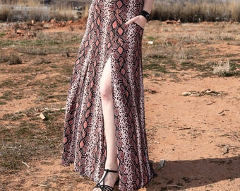6 paneled long skirt, 2 front slits, tall, pockets, Skirt only, Marie Nohr, Maluxe, Mauve snake skin print