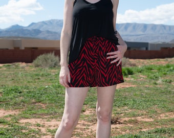 CLEARANCE, Black and Red zebra print shorts, elastic waistband, ties, pockets, 4 inch inseam, Marie Nohr, Maluxe