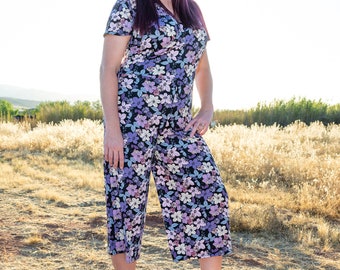 Floral Jumpsuit, cross over v neck, flutter sleeve, capri, wide leg, Marie Nohr, Maluxe, Handmade, Limited