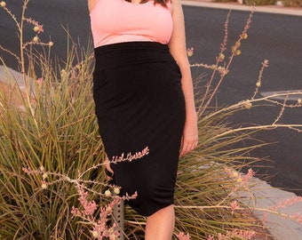 Solid Black Midi Skirt with Pockets, Handmade