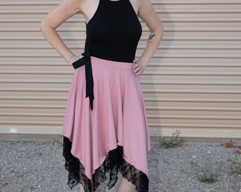 Pink and black lace skirt, adjustable elastic waistband, handkerchief hemline, skirt only